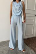 DEGAJE YAKA KOLSUZ BLUZ - PANTOLON TAKIM - Mavi resmi